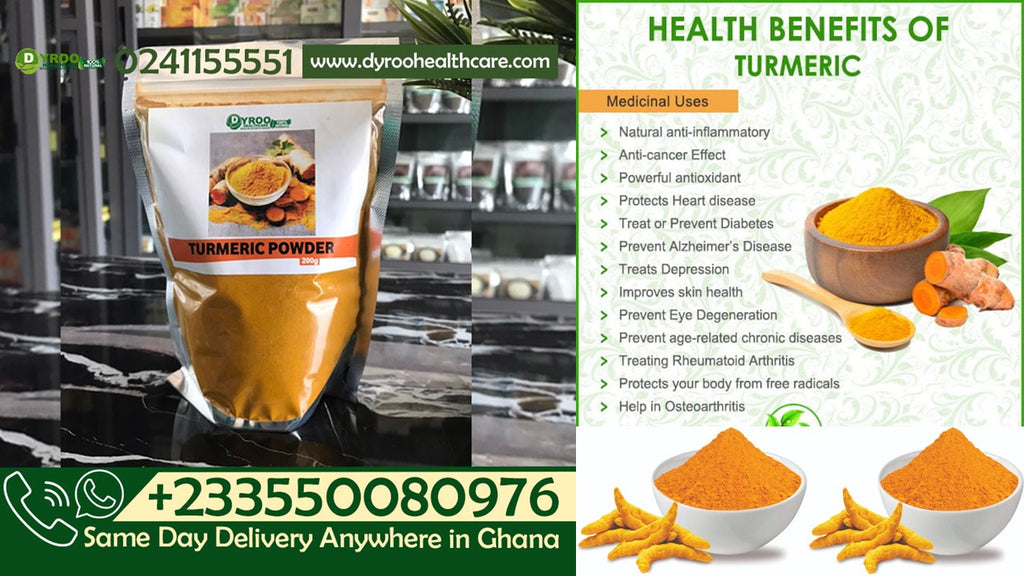 Organic turmeric powder in a clear jar, showcasing bright yellow turmeric spice from Dyroo Naturals.
