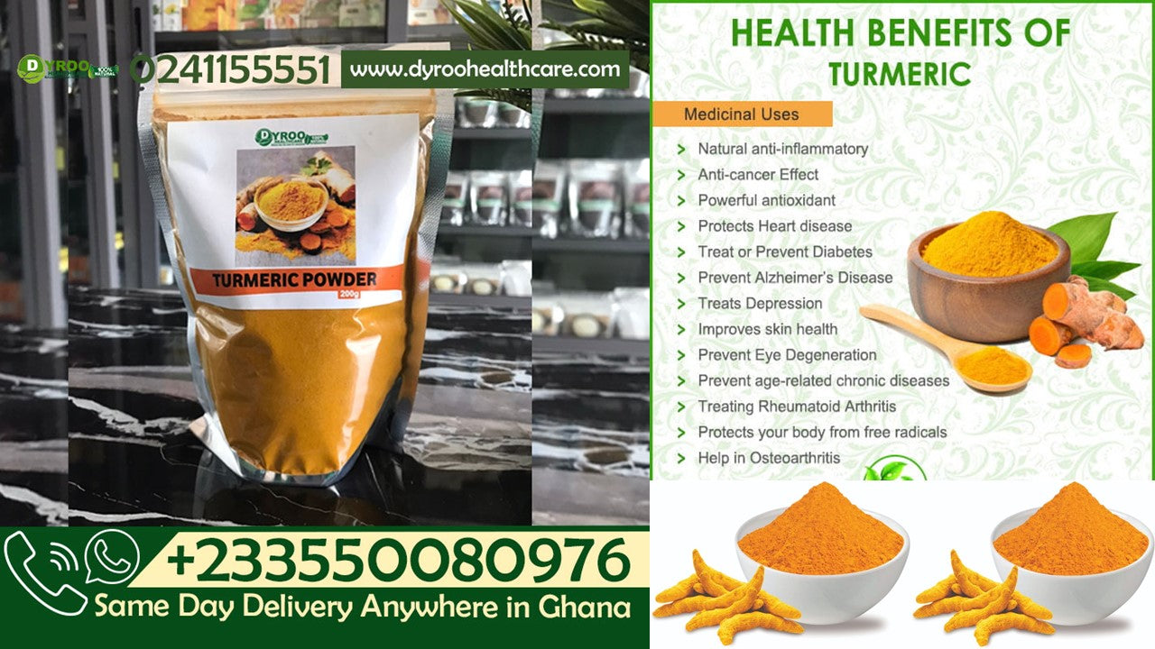 Organic turmeric powder in a clear jar, showcasing bright yellow turmeric spice from Dyroo Naturals.