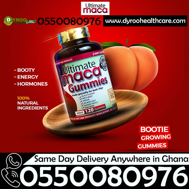 Dyroo Naturals Ultimate Maca Gummies, 120 fruity chewable supplements in a clear plastic bottle with label, close-up of gummies.