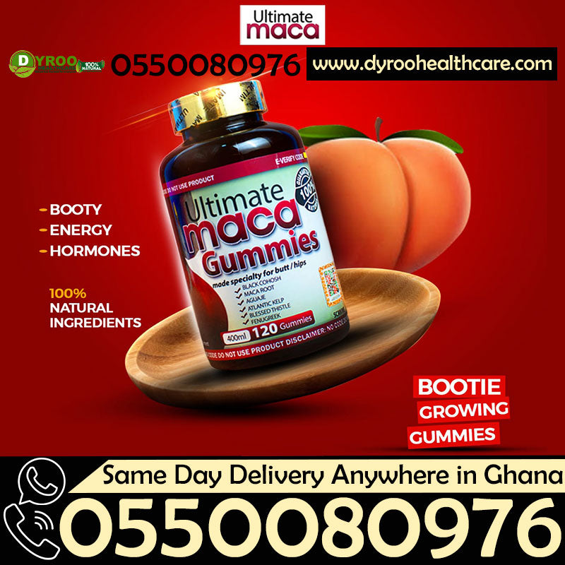 Dyroo Naturals Ultimate Maca Gummies, 120-piece bottle, showing colorful gummy supplements in a clear jar.