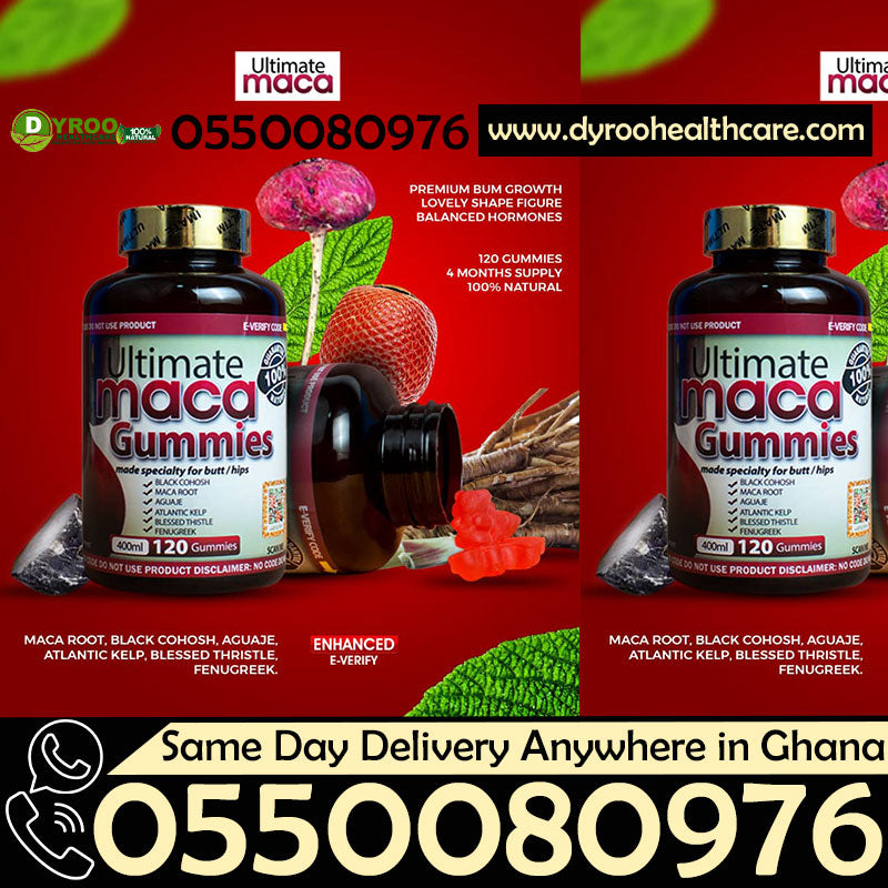 Dyroo Naturals Ultimate Maca Gummies in a clear bottle, showing 120 delicious gummy supplements with vibrant packaging.
