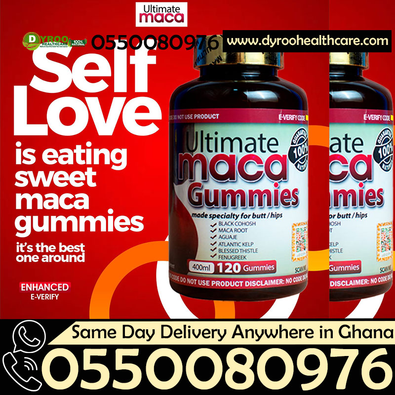 Dyroo Naturals Ultimate Maca Gummies, 120 fruity gummies with natural maca root flavor, displayed in a clear container.