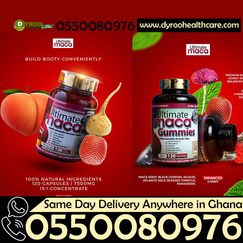 Dyroo Naturals Ultimate Maca Gummies in a jar, showing 120 gummy supplements with vibrant labeling and colorful gummies inside.