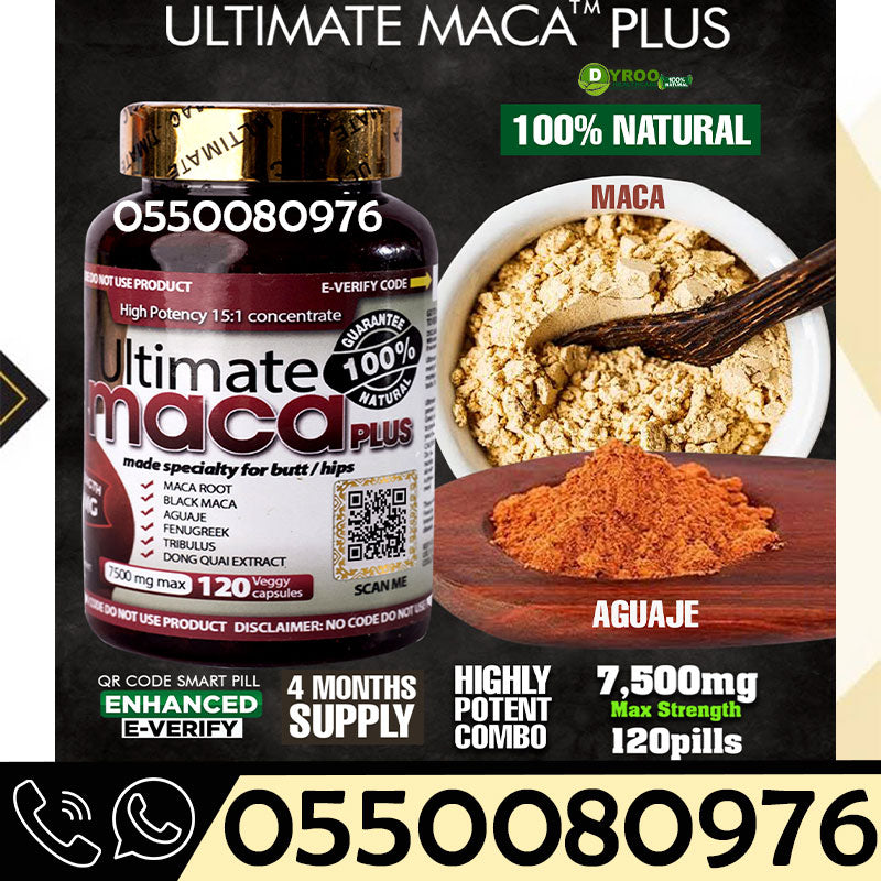 Dyroo Naturals Ultimate Maca Pills bottle with label showing nutritional info and supplement details, placed on a white background.