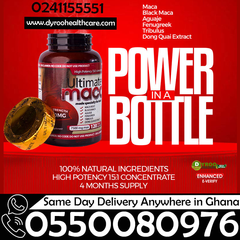 Bottle of Dyroo Naturals Ultimate Maca Pills showing the label and supplement capsules in a clear view.