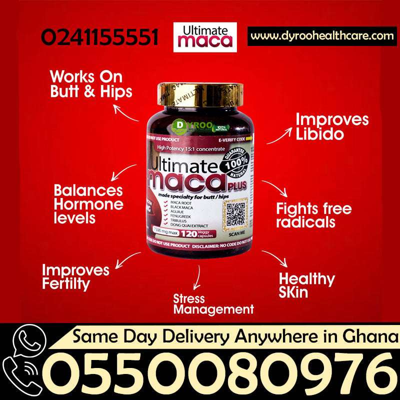 Bottle of Dyroo Naturals Ultimate Maca Pills showing the label and supplement capsules inside a clear container.