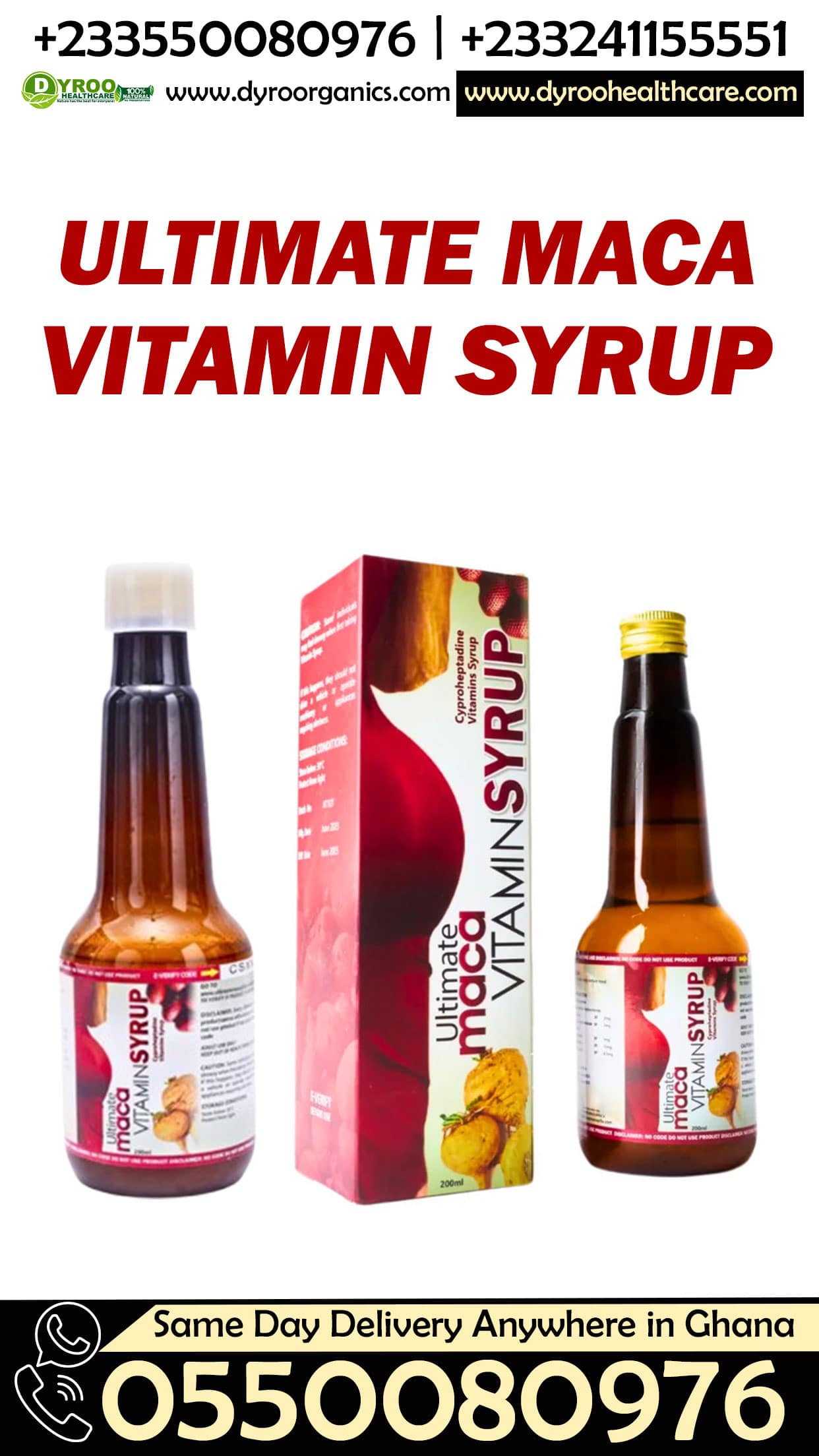 Bottle of Dyroo Naturals Ultimate Maca Vitamin Syrup in a 250ml bottle with a label featuring maca root and natural ingredients.