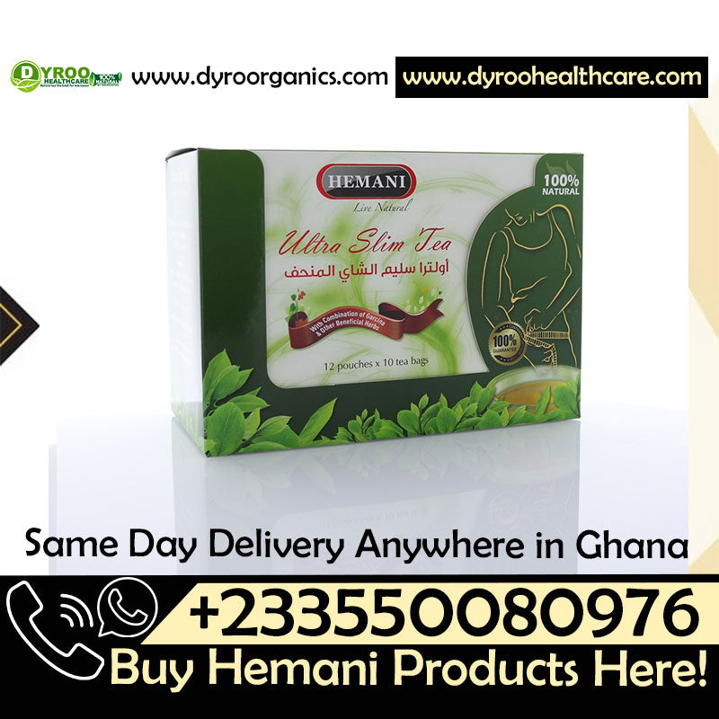 Dyroo Naturals Hemani Ultra Slim Tea with 12 pouches of natural teabags, showcasing the slim tea packaging and product branding.