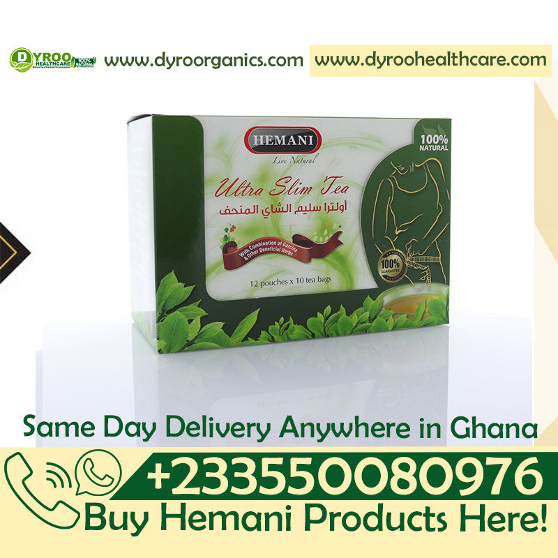 Dyroo Naturals Hemani Ultra Slim Tea with 12 pouches of natural teabags, showcasing slimming herbal tea packaging.