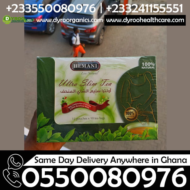 Dyroo Naturals Hemani Ultra Slim Tea in a box with 12 pouches of 10 teabags each, natural herbal slimming tea product.