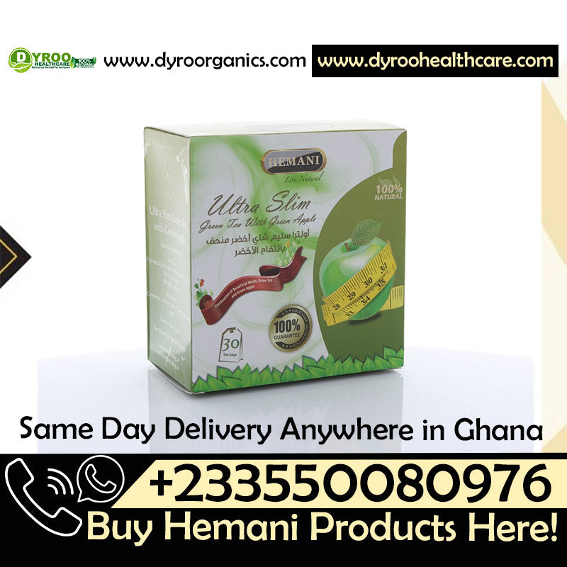 Dyroo Naturals Hemani Ultra Slim Green Tea with Green Apple in a box of 30 tea bags, featuring fresh green apple flavor.