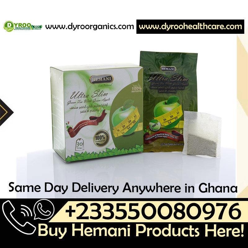 Dyroo Naturals Hemani Ultra Slim Green Tea with Green Apple in a box of 30 teabags, featuring fresh green apple flavor.