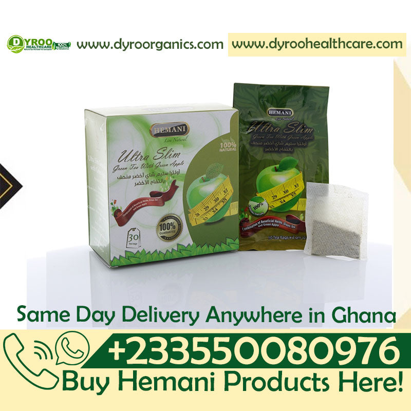 Dyroo Naturals Hemani Ultra Slim Green Tea with Green Apple in 30 teabags, showcasing the tea packaging with green apple flavor.