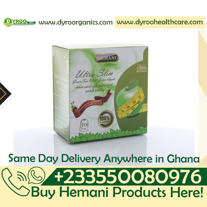 Dyroo Naturals Hemani Ultra Slim Green Tea with Green Apple in 30 tea bags, showcasing slim packaging and fresh green apple flavor.
