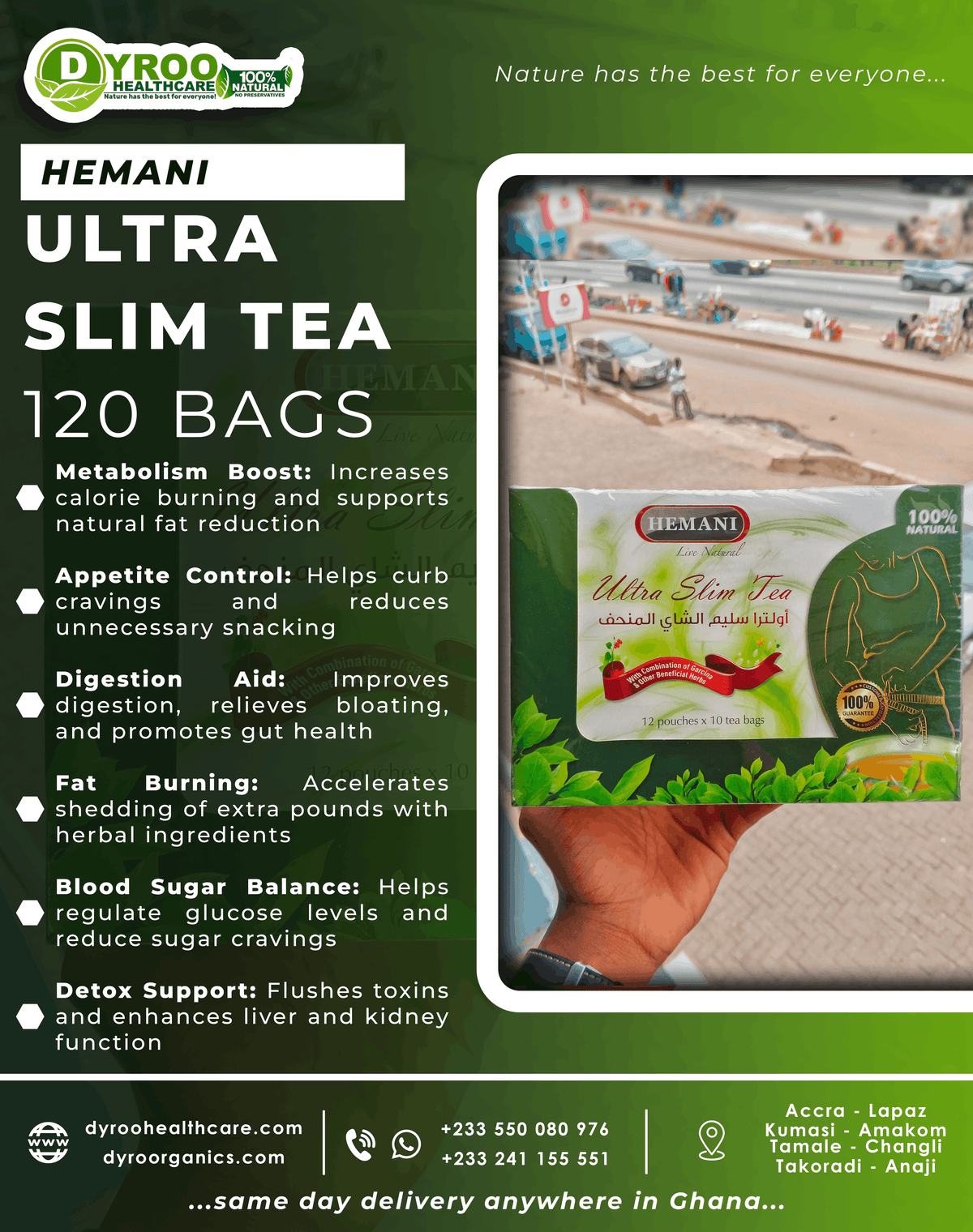 Dyroo Naturals Hemani Ultra Slim Tea, 12 pouches of natural slimming tea with 10 teabags each in a box.
