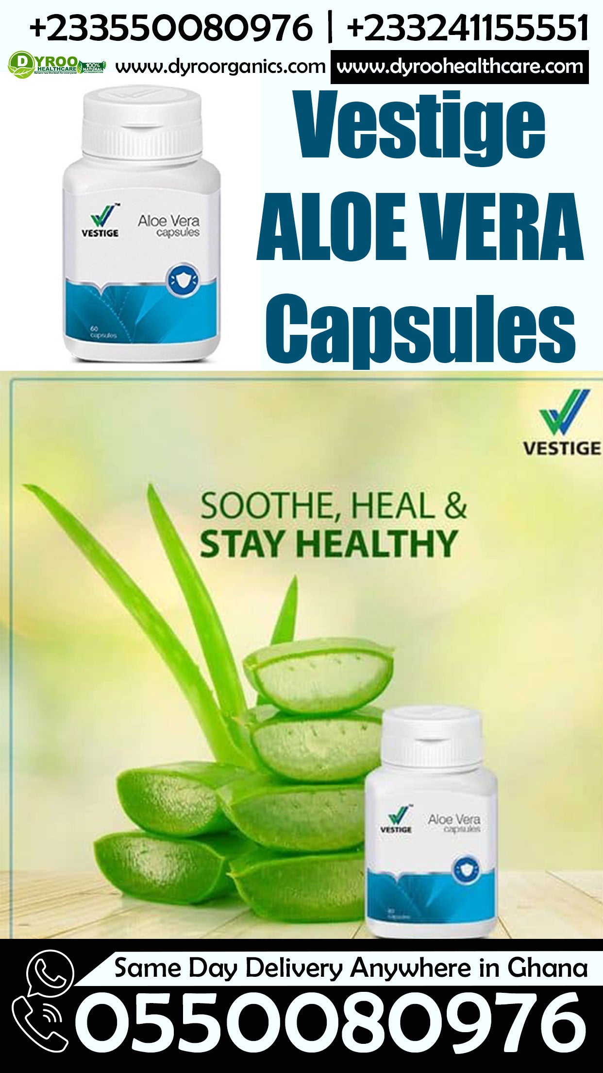 Dyroo Naturals Vestige Aloe Vera Capsules in a bottle with capsules visible, showcasing natural herbal supplement for skin and digestion.