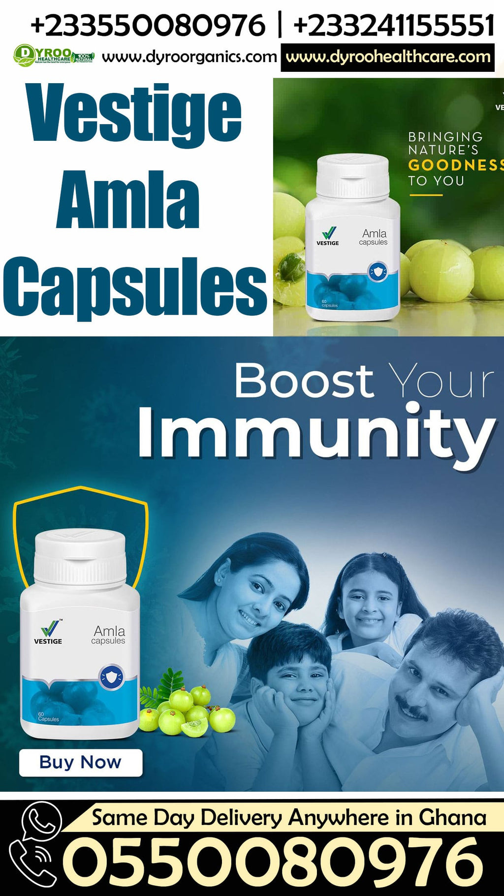 Dyroo Naturals Vestige Amla Capsules with 60 softgel capsules, showing the green and white packaging and capsules inside