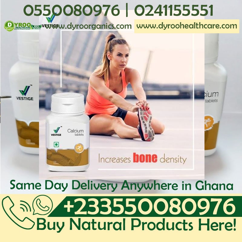 Dyroo Naturals Vestige Calcium tablets for stronger, healthier bones, shown in a close-up of the capsule bottle.