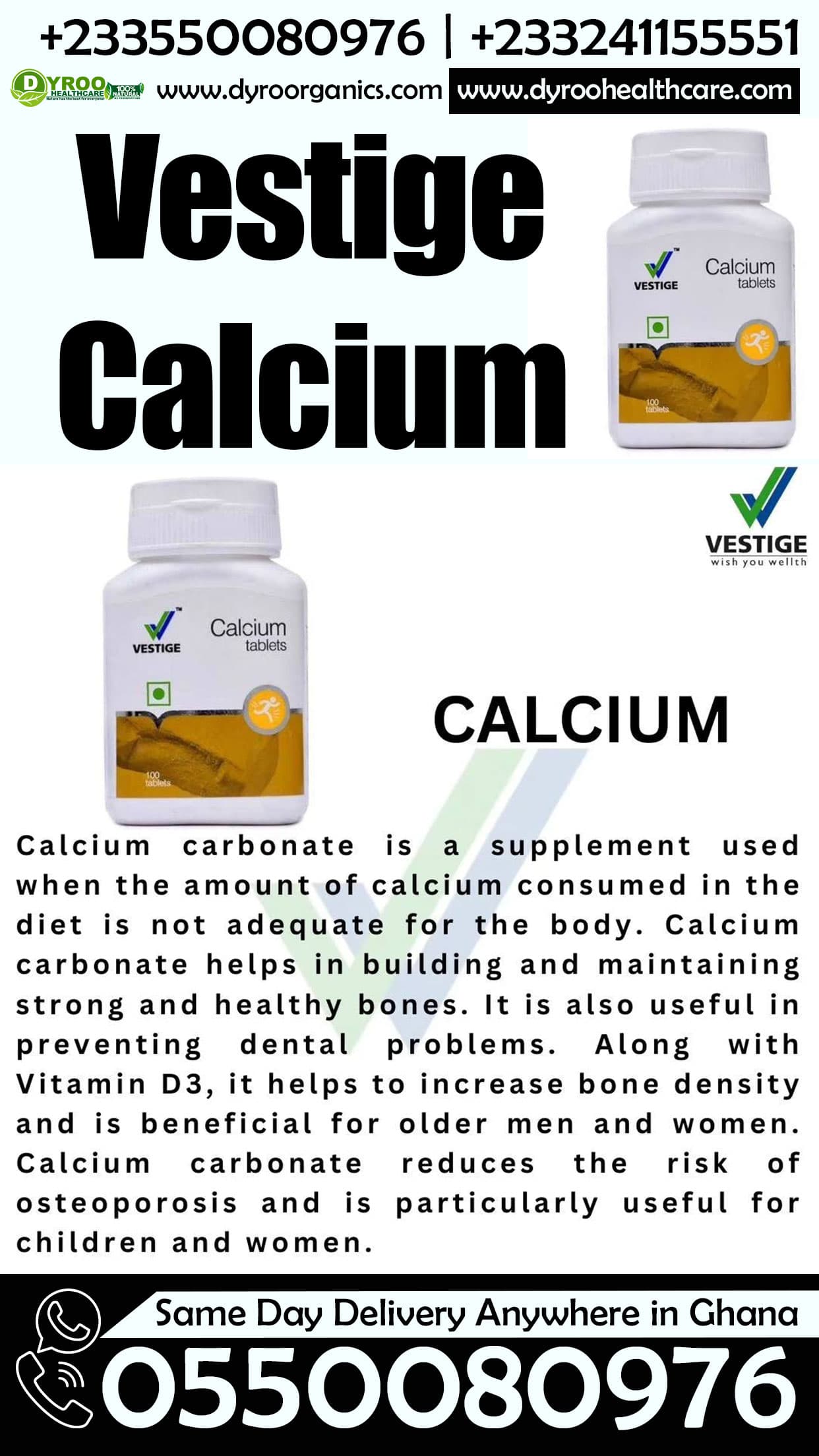 Dyroo Naturals Vestige Calcium tablets for stronger, healthier bones, shown in a bottle of 100 tablets on a white background.