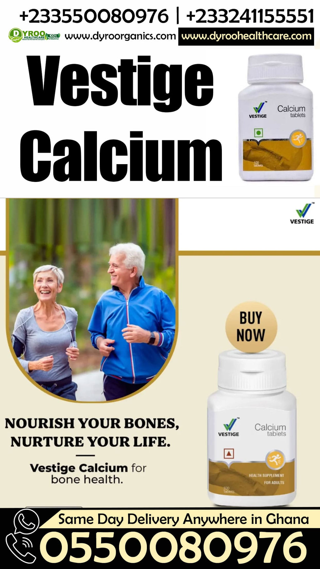 Dyroo Naturals Vestige Calcium tablets for stronger, healthier bones, shown in a bottle with 100 tablets.