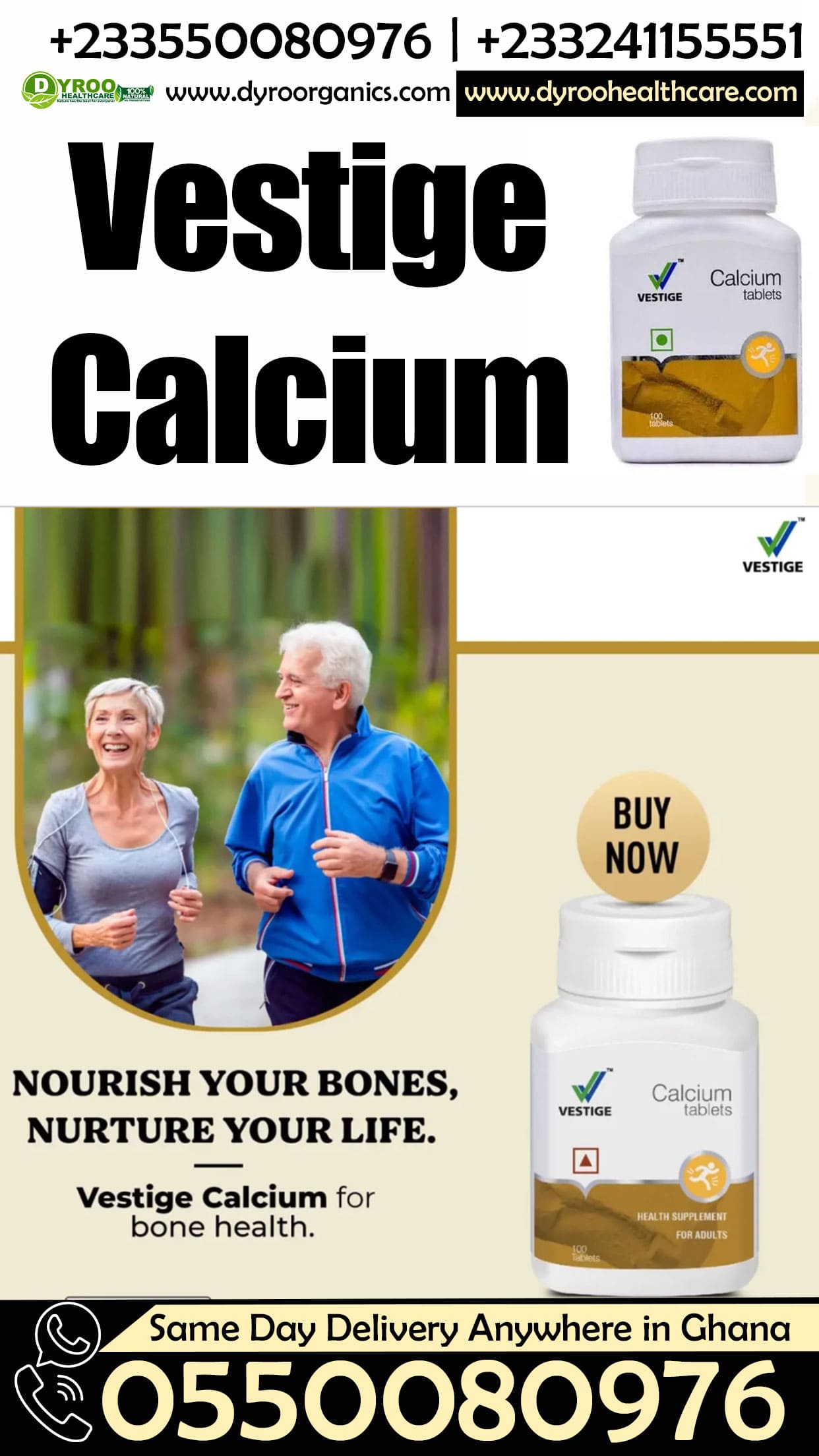 Dyroo Naturals Vestige Calcium tablets for stronger, healthier bones, shown in a bottle with 100 tablets.