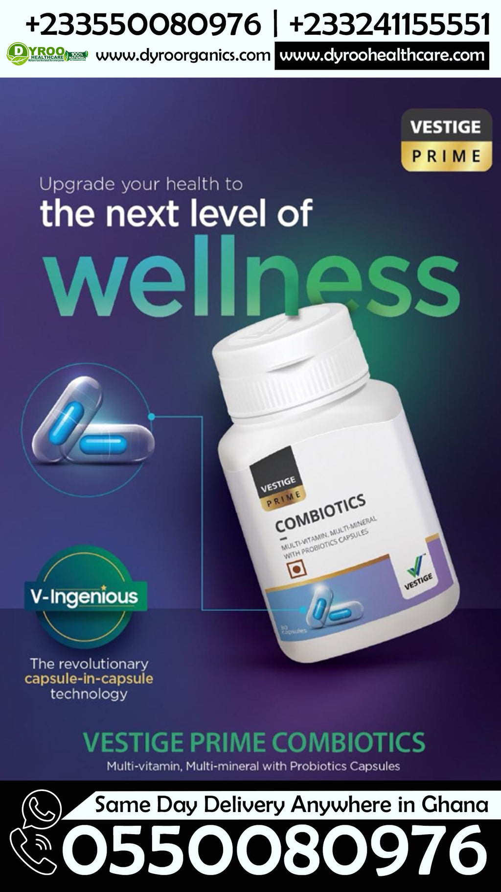 Dyroo Naturals Vestige Combiotics capsules, natural prebiotics and probiotics in a 30-capsule bottle with blister pack.