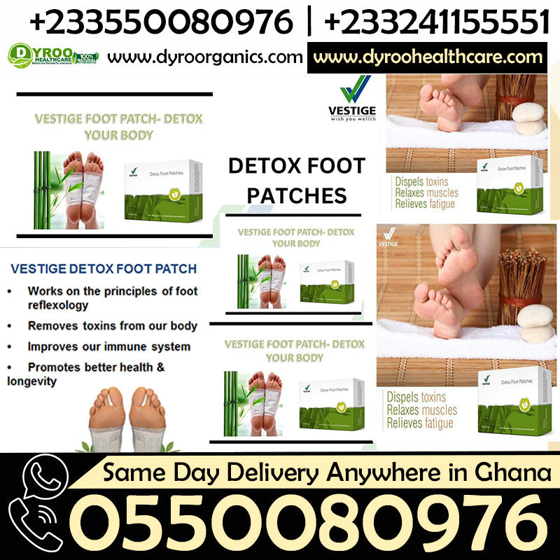 Dyroo Naturals Vestige Detox Foot Patch applied to the sole, showing the herbal adhesive patch designed for foot detoxification.