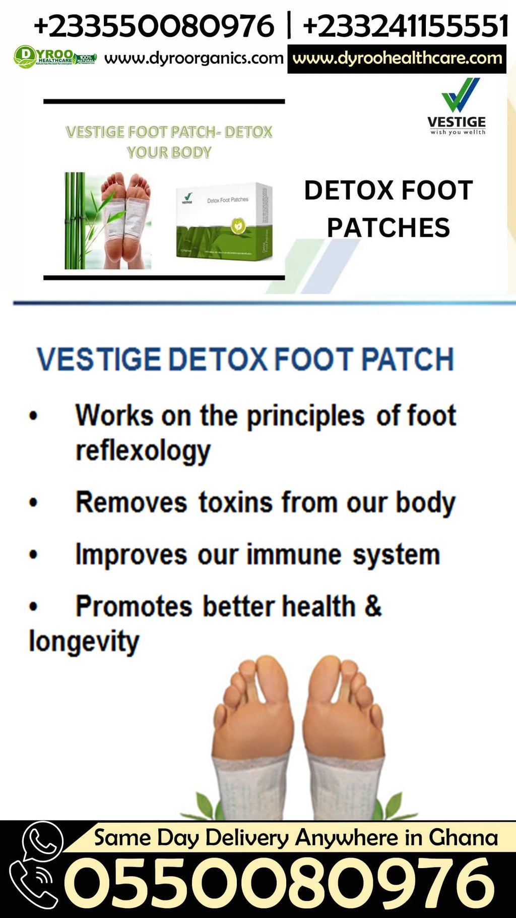 Dyroo Naturals Vestige detox foot patch applied to the sole of a foot, promoting detoxification and wellness.