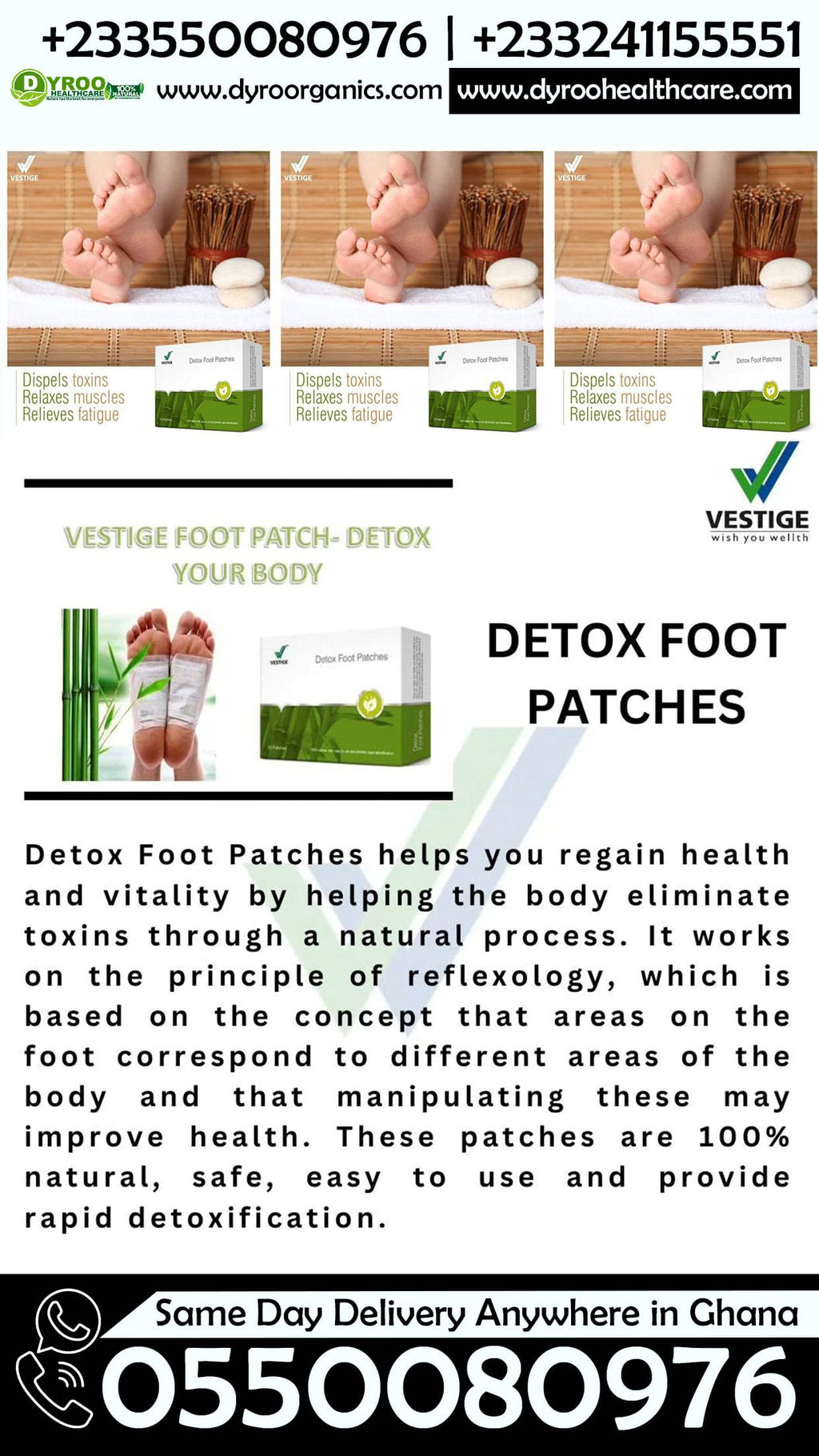 Dyroo Naturals Vestige Detox Foot Patch applied to the sole showing the herbal adhesive patch for detoxification.