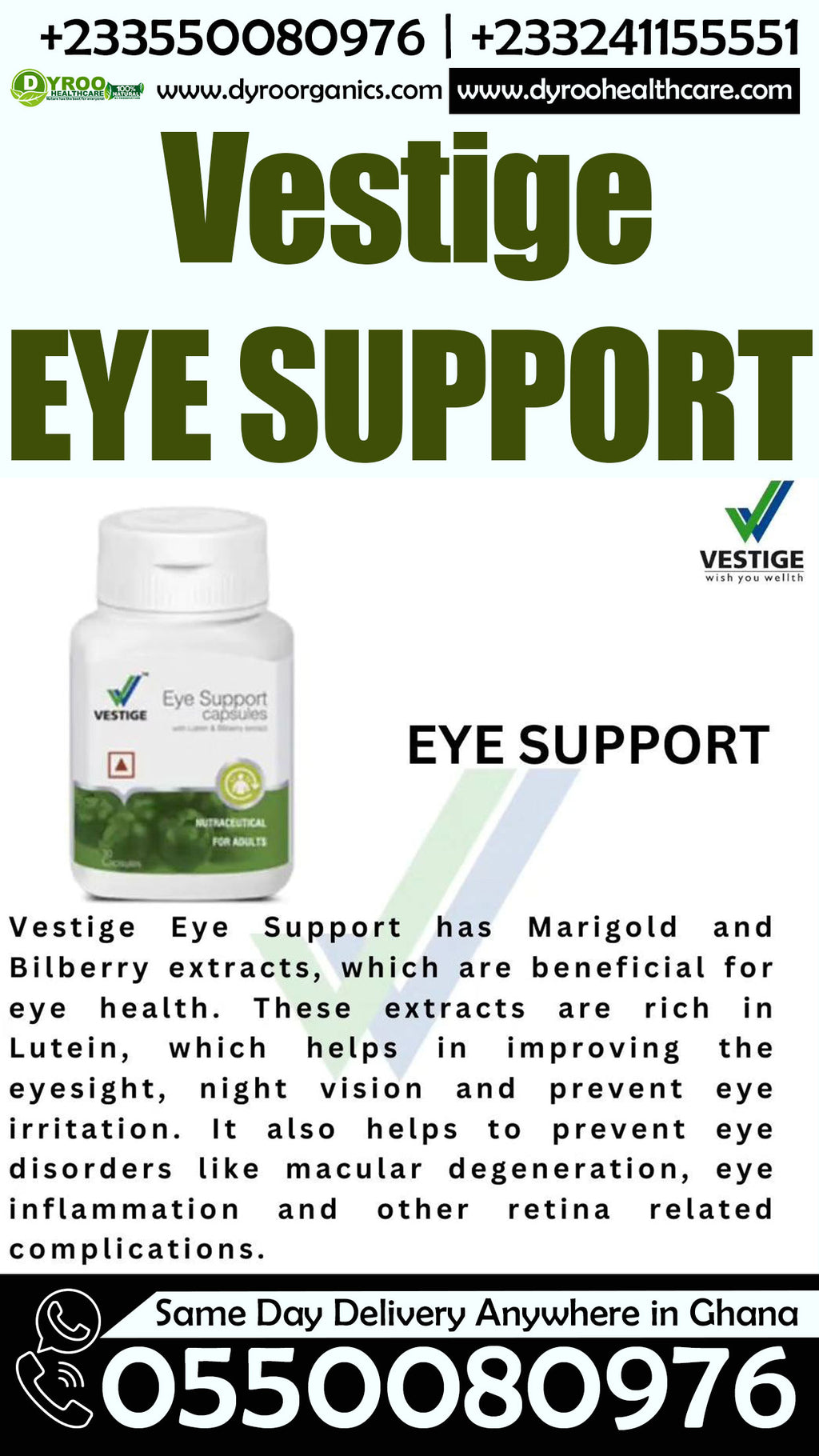 Dyroo Naturals Vestige Eye Support Capsules bottle with 30 capsules, showing the product label and packaging.