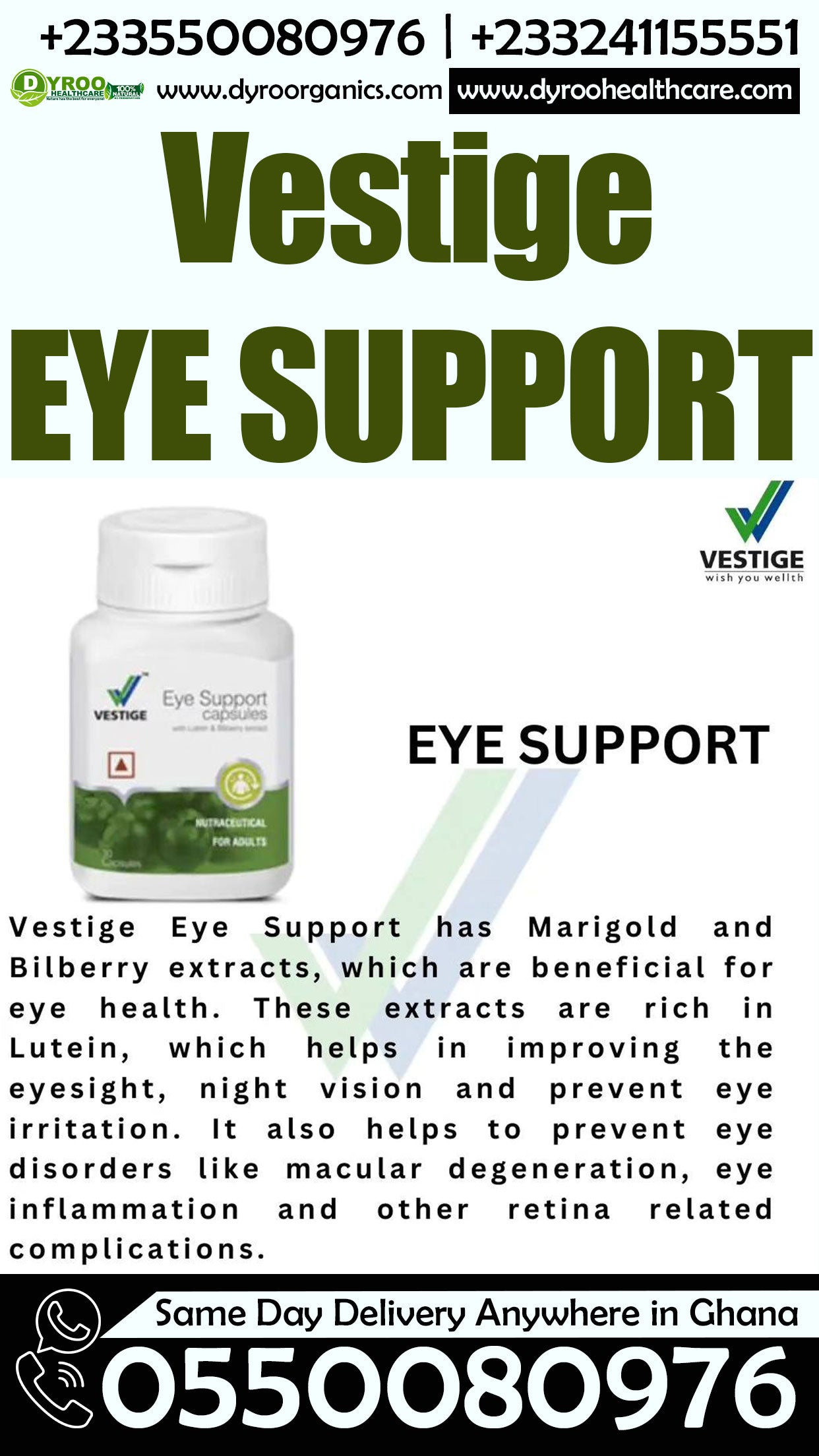Dyroo Naturals Vestige Eye Support Capsules bottle with 30 capsules, showing the product label and packaging.
