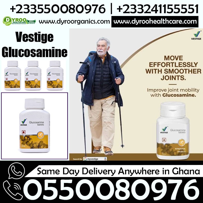 Dyroo Naturals Vestige Glucosamine Tablets for joint and cartilage support, showing a bottle of 100 tablets.