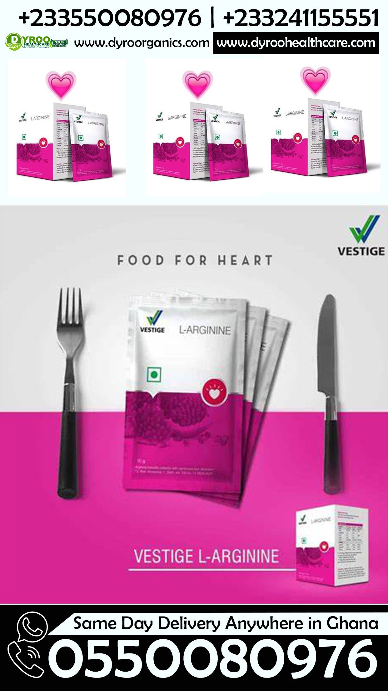 Dyroo Naturals Vestige L-arginine organic powder sachets for improved blood circulation, shown in individual sachets on a white background.