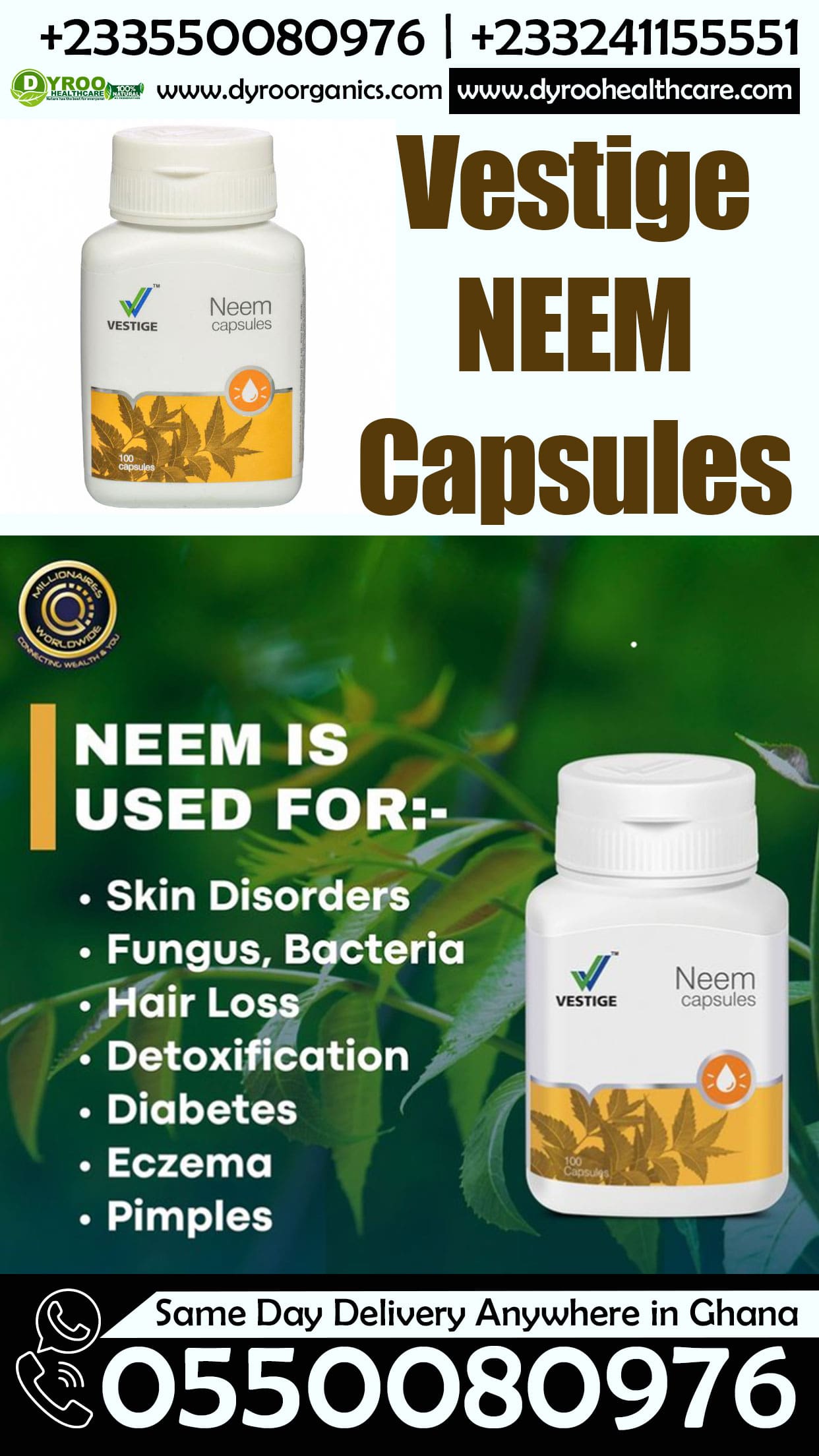 Dyroo Naturals Vestige Neem Capsules, natural capsules in a bottle, with 100 capsules for health and wellness.