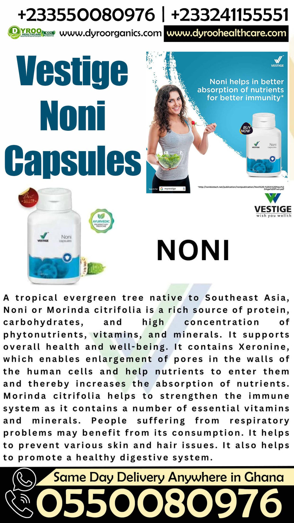 Dyroo Naturals Vestige Noni Capsules in a bottle, showing the supplement capsules for natural health and wellness.