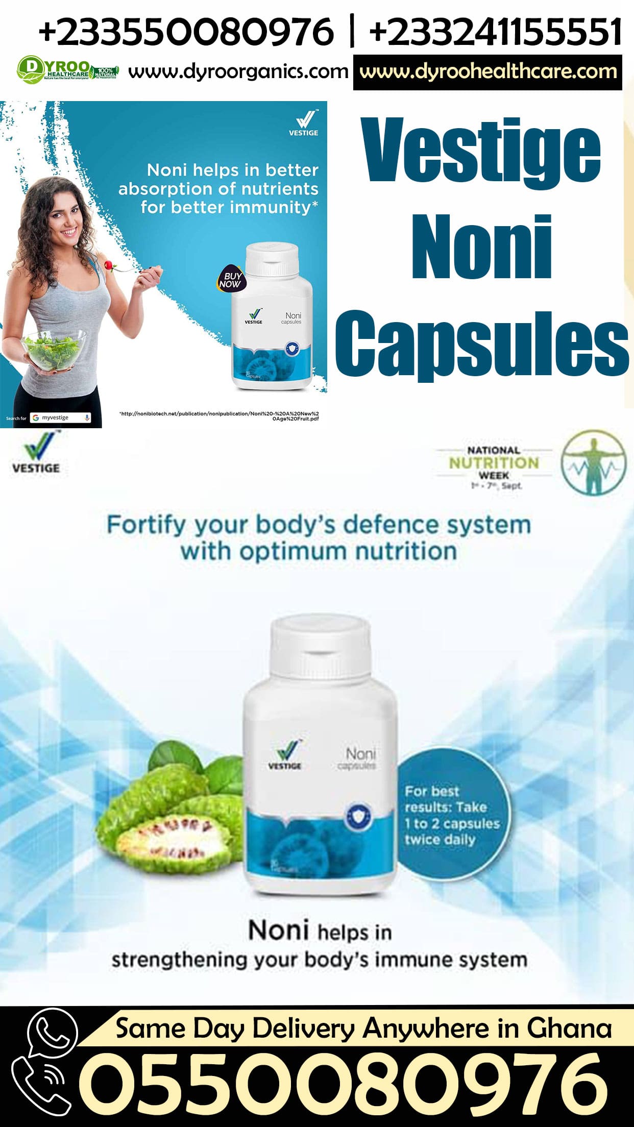 Dyroo Naturals Vestige Noni Capsules bottle with white label and capsules inside, displayed on a neutral background.