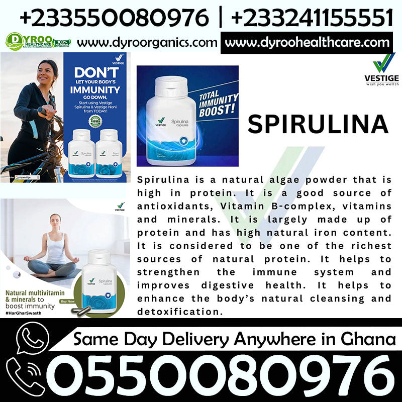 Dyroo Naturals Vestige Spirulina Capsules in a bottle, 100 natural capsules for health and wellness.