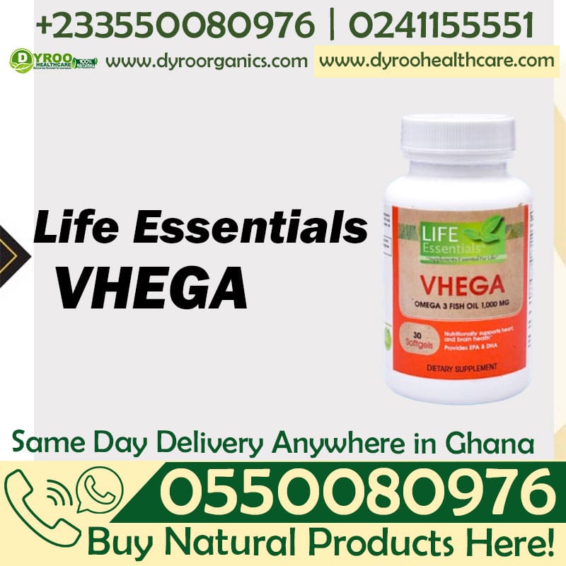Vhega Omega 3 supplement bottle by Dyroo Naturals with capsules displayed on a clean background