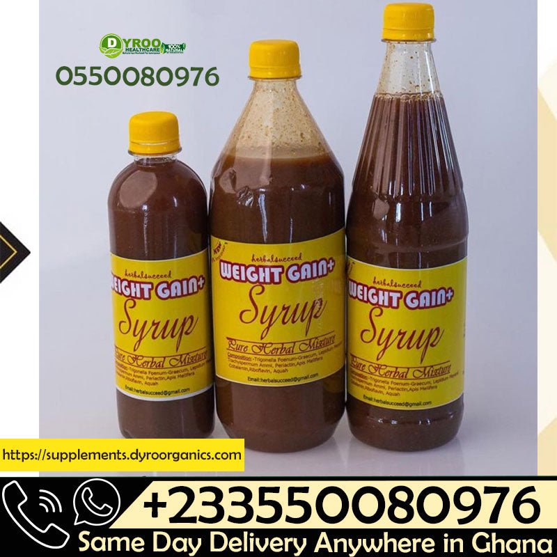 250ml Dyroo Naturals herbal weight gain syrup bottle with measuring cap and label, showcasing its natural ingredients.