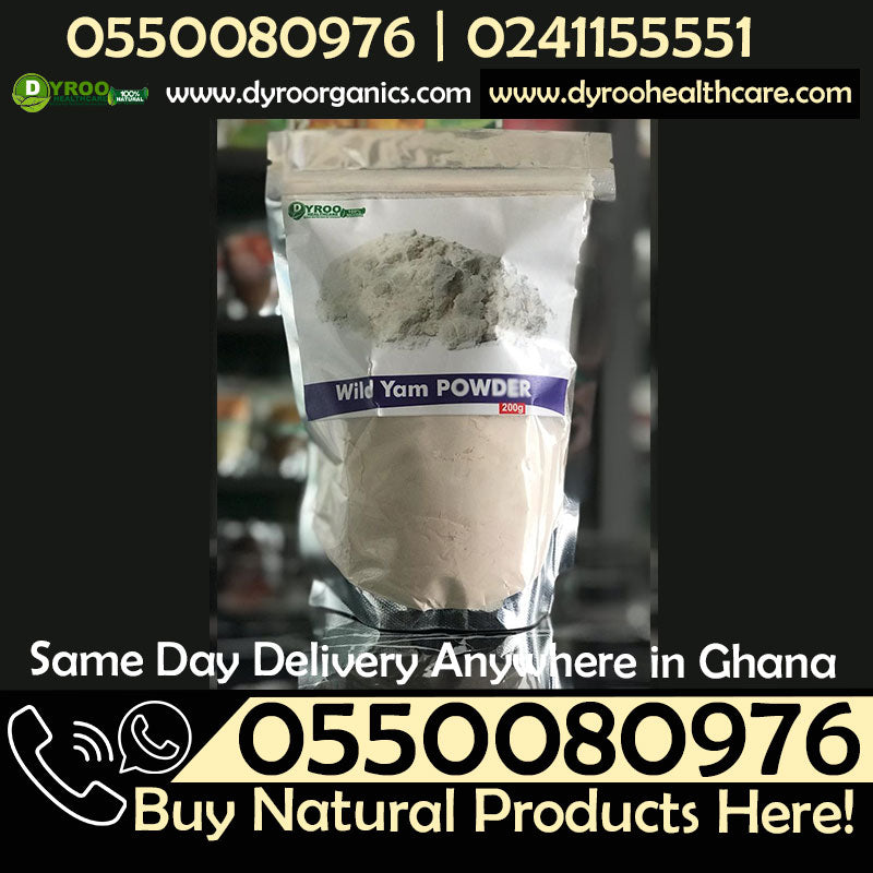 Organic wild yam powder by Dyroo Naturals, 200 grams, showing a close-up of the raw powder in a bowl with a natural background.