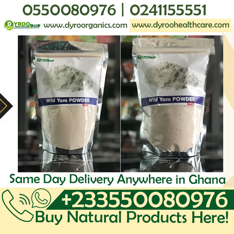Raw organic Dyroo Naturals Wild Yam Powder 200g in a clear container, showcasing the fine beige powder on a white background.