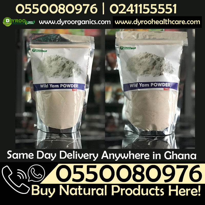 Organic wild yam powder from Dyroo Naturals in a 200g package, showcasing the raw, natural powder in a clear container.