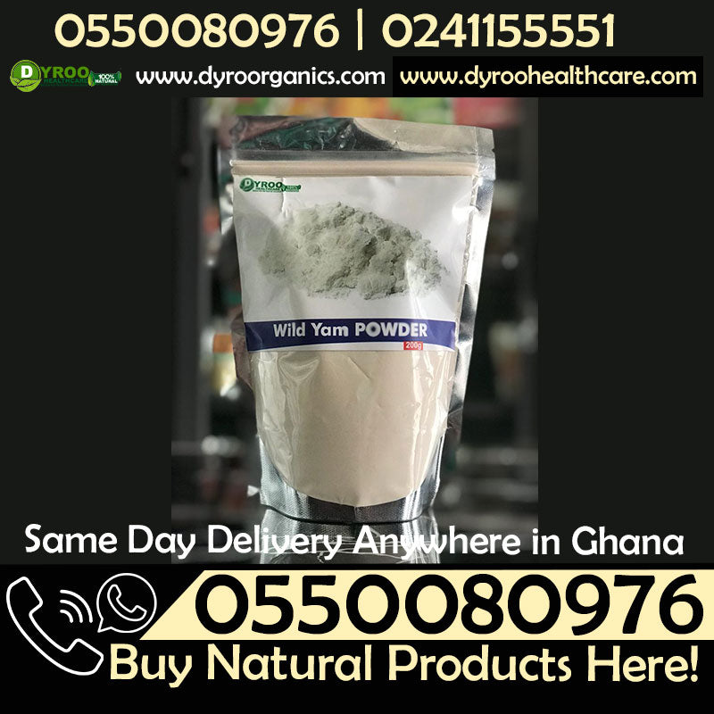 Organic wild yam powder in a clear jar, showing the light beige, fine powder from Dyroo Naturals, 200 grams.