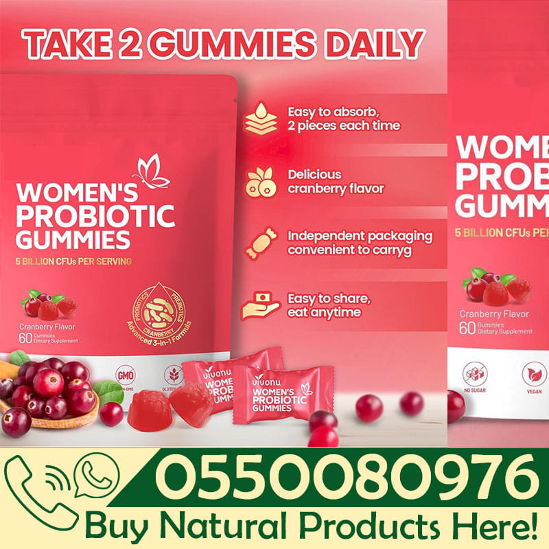 Close-up of Dyroo Naturals Women Probiotic Gummies in a clear glass jar, showcasing the colorful, fruit-flavored gummy supplements.