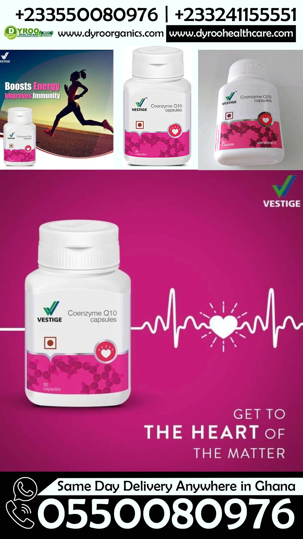 Dyroo Naturals Vestige Coenzyme Q10 capsules, 30 natural capsules for cardiovascular support, shown in a close-up image.