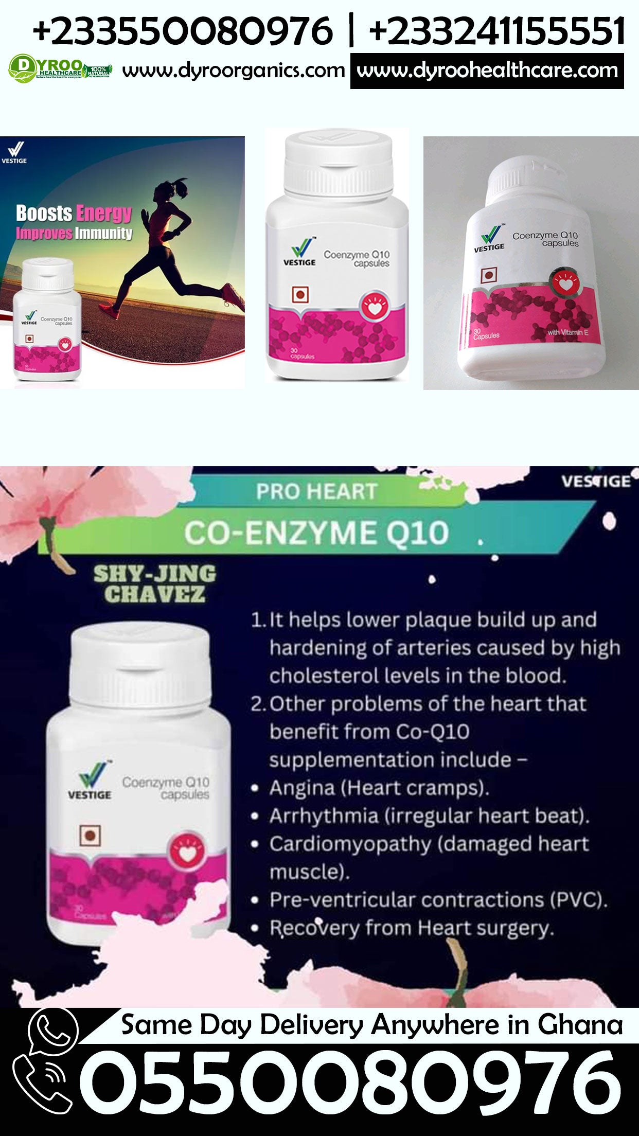 Dyroo Naturals Vestige Coenzyme Q10 capsules in a bottle, natural capsules for cardiovascular support, 30-count supplement.